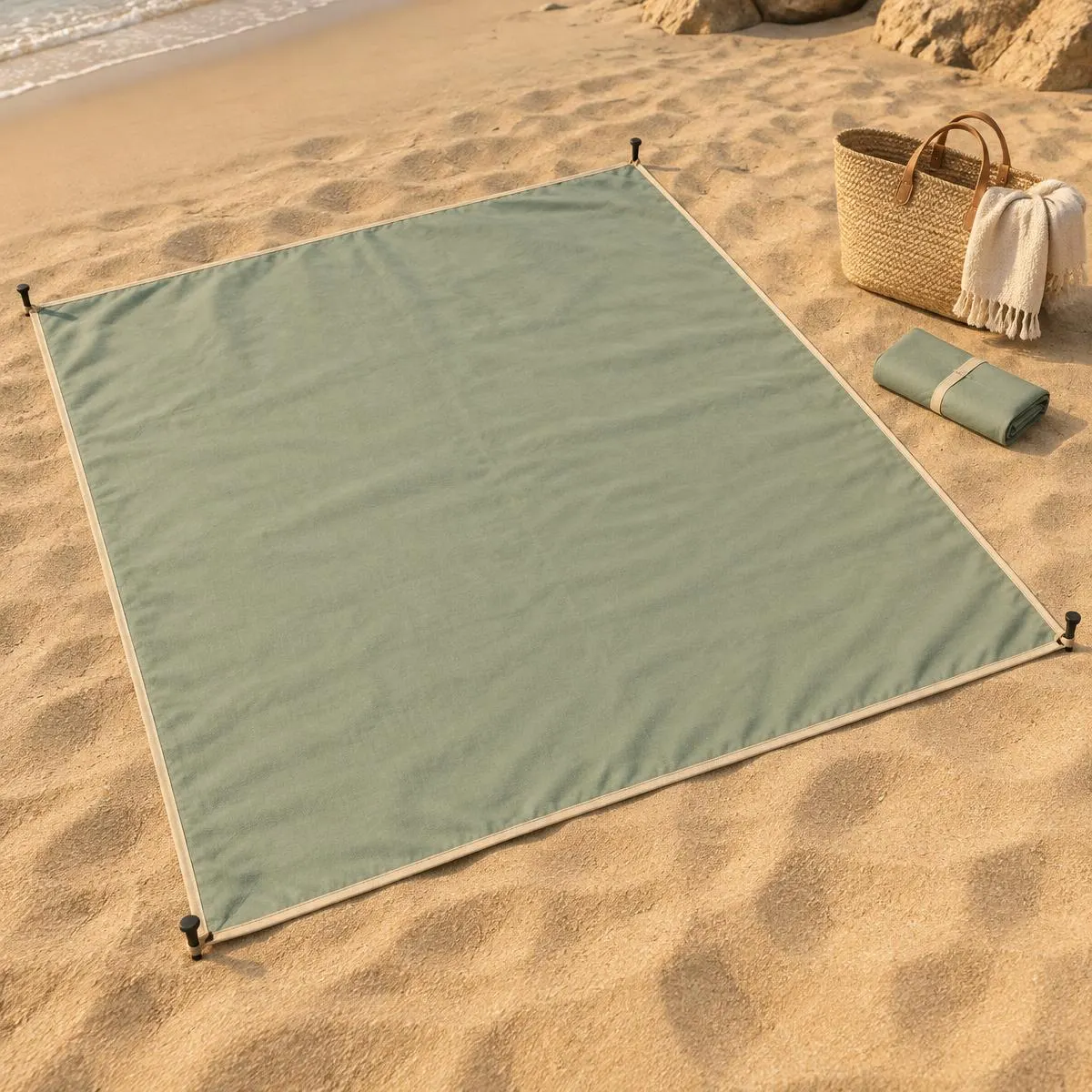 The Arvo Co Beach Mat laid flat on the sand with ground stakes at each corner, next to the mat folded down and a beach bag